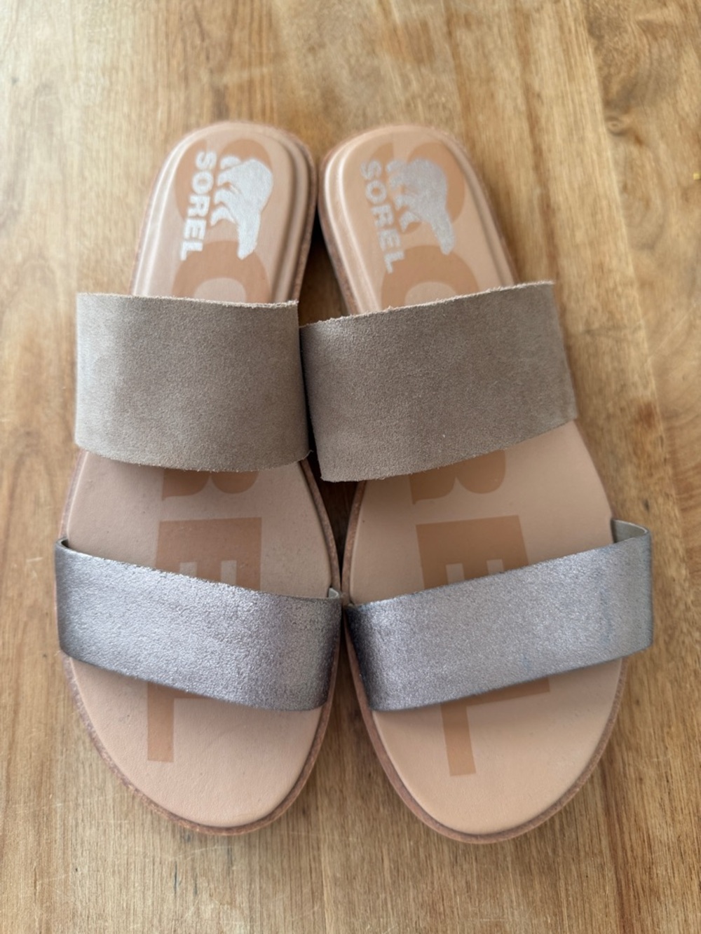 Sorel Women's Double Strap Slide Sandals in Taupe and Metallic